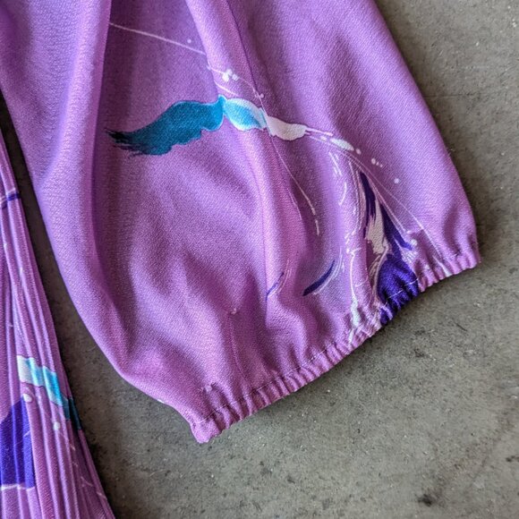 Vintage Purple Pleated Patterned Long Sleeve Top and Midi A-Line Skirt Set - Picture 6 of 16